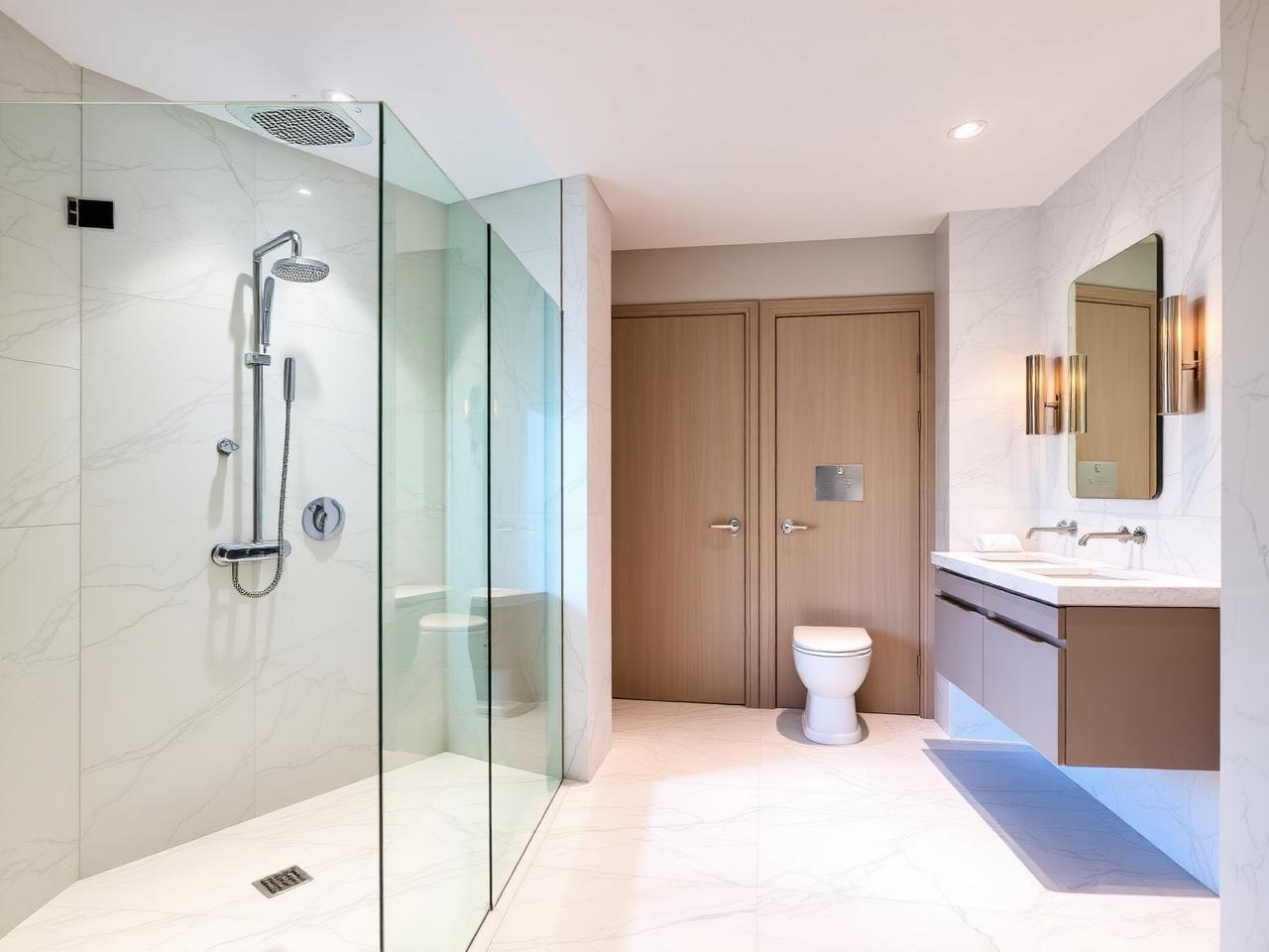 Walk-in wet room with marble tiles
